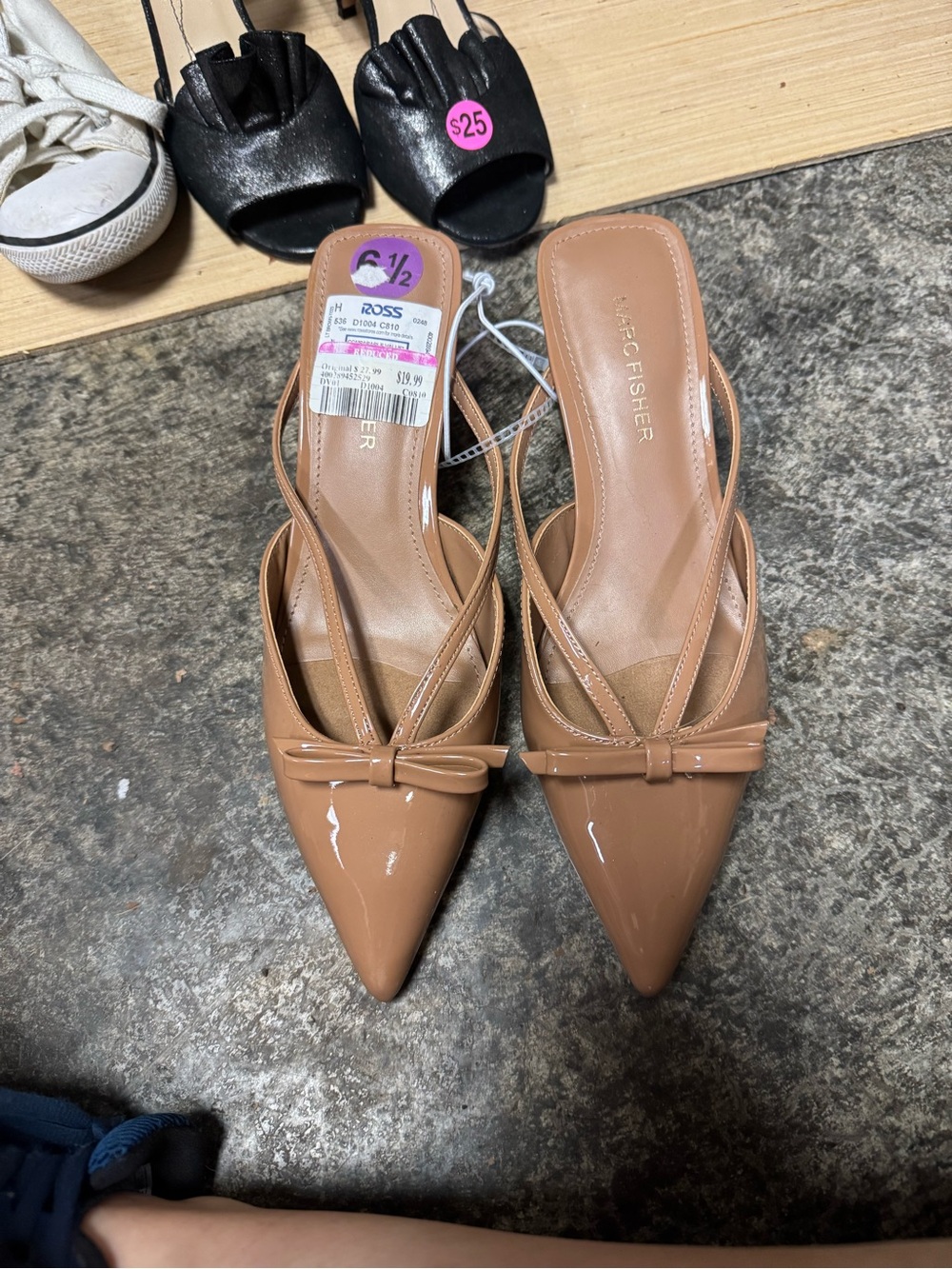 Marc Fisher Nude Patent Pointed-Toe Slingback Heels with Bow